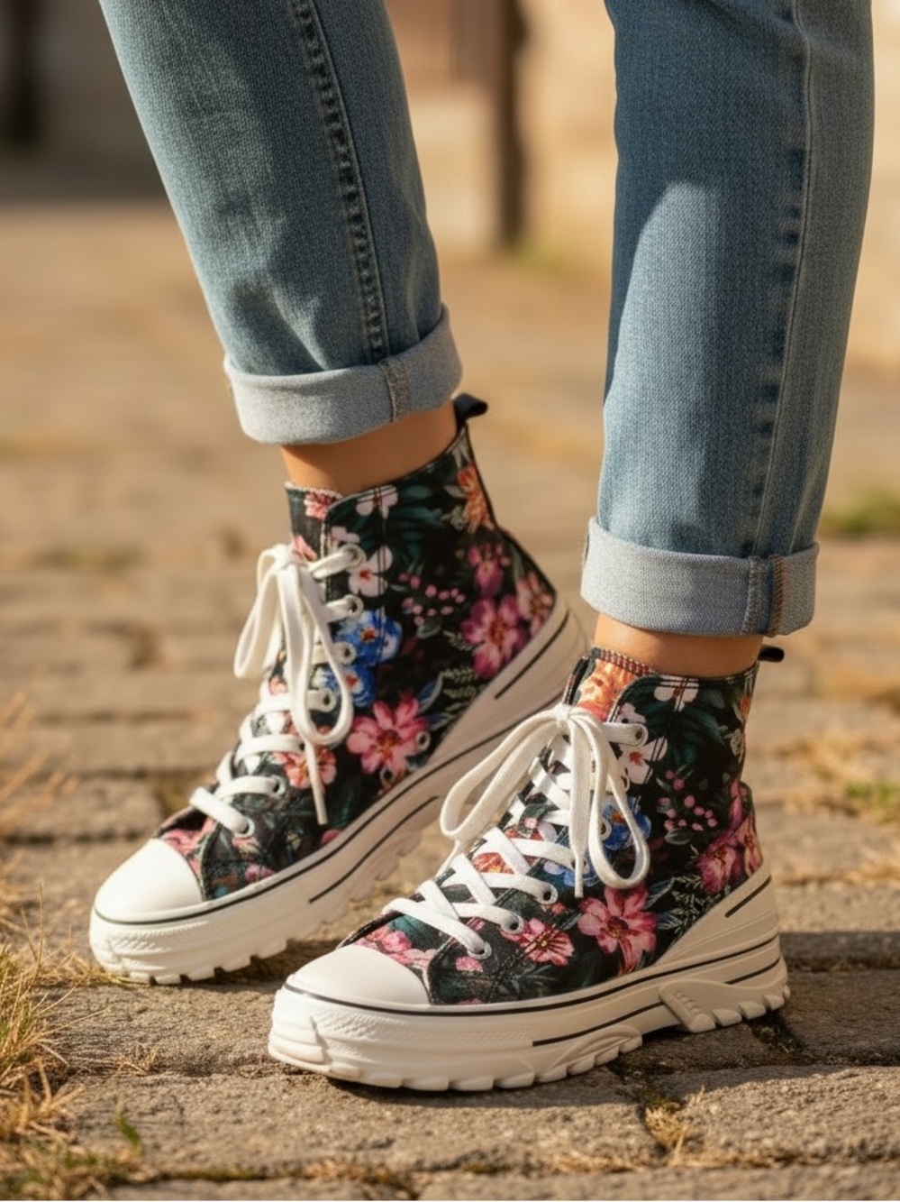 WISHBONE (6) Collection Floral High-Top Canvas Sneakers Black Pink Platform - 6 - Picture 16 of 16